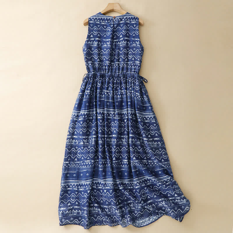 Buddha Stones Robe d'été bohème décontractée bleue à manches ondulées et formes géométriques sans manches avec poches - image 1