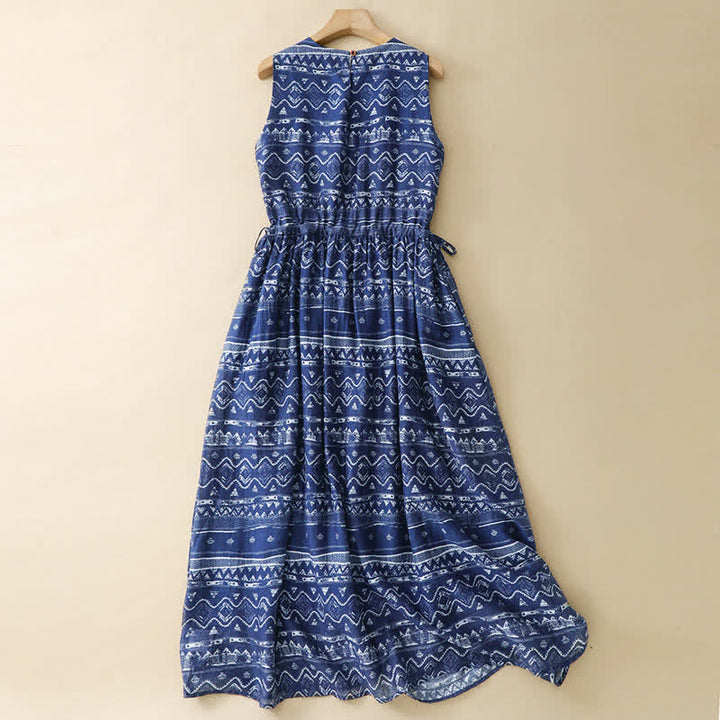 Buddha Stones Robe d'été bohème décontractée bleue à manches ondulées et formes géométriques sans manches avec poches - image 1
