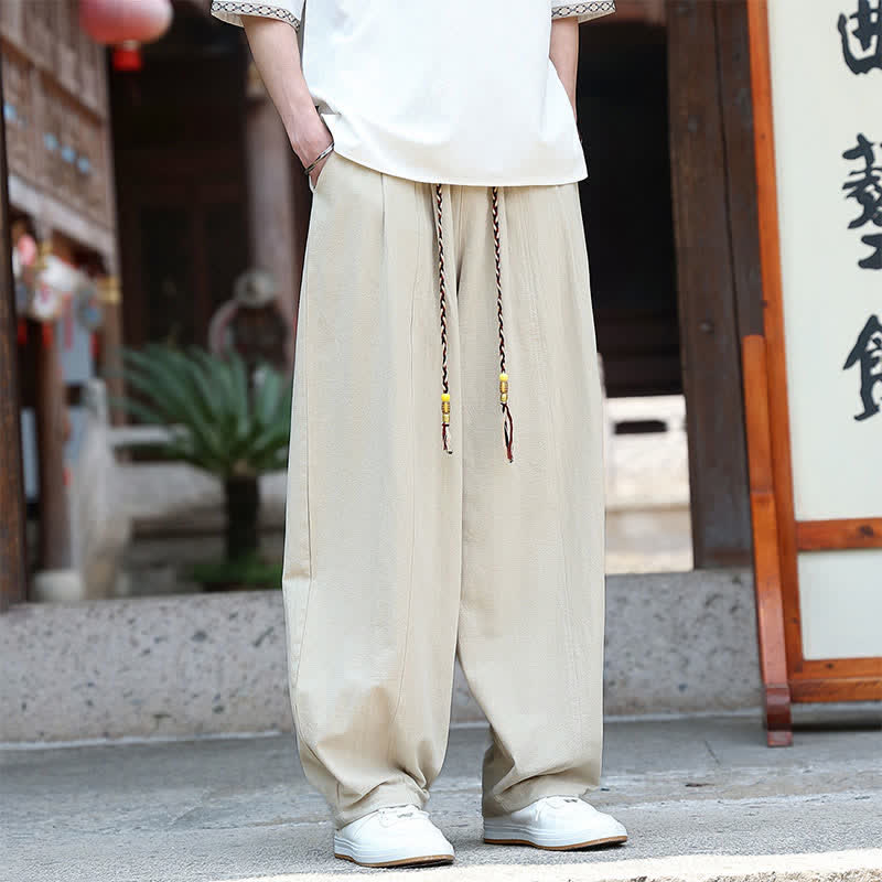 Buddha Stones Pantalon d'été minimaliste décontracté à cordon de serrage, coupe droite, avec poches, pour homme - image 1