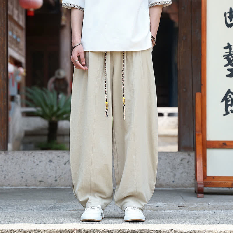 Buddha Stones Pantalon d'été minimaliste décontracté à cordon de serrage, coupe droite, avec poches, pour homme - Beige - US/UK/AU46, EU56 (5XL) - image 0
