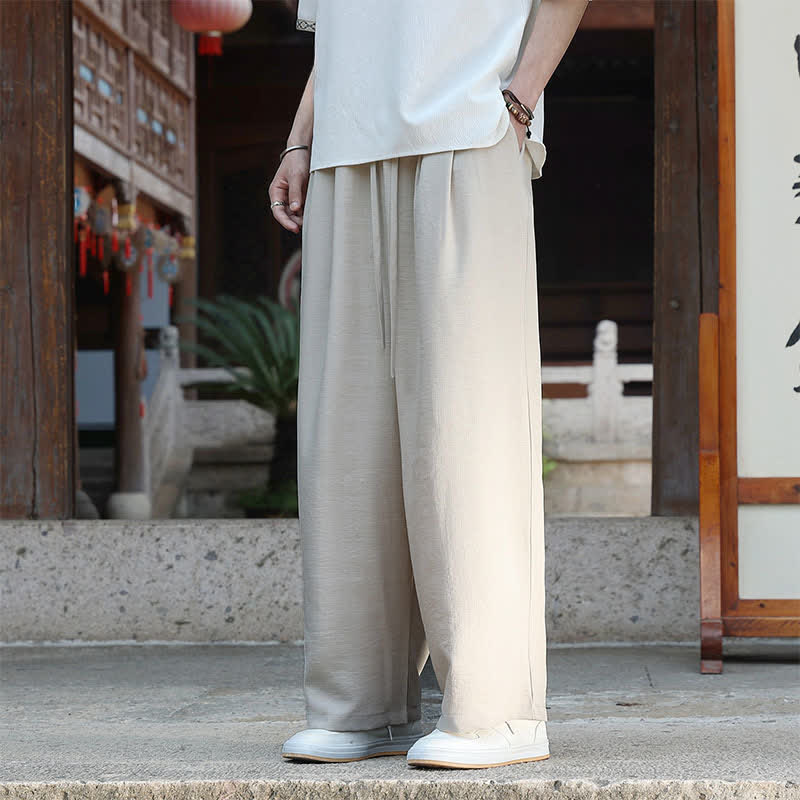 Buddha Stones Pantalon d'été décontracté et minimaliste pour homme, coupe droite, taille élastique avec cordon de serrage et poches. - image 1