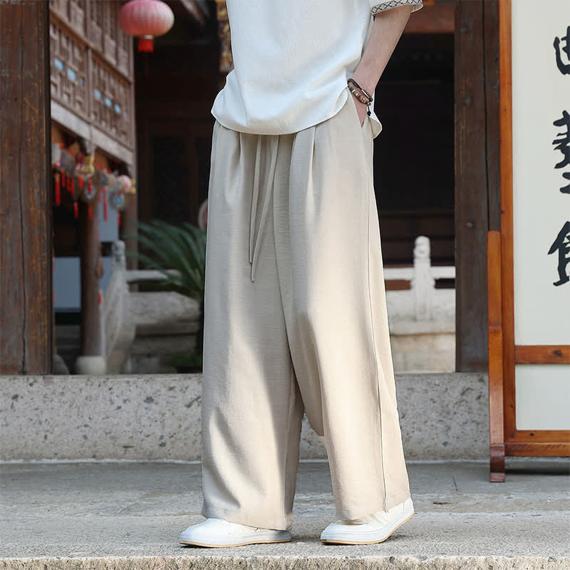 Buddha Stones Pantalon d'été décontracté et minimaliste pour homme, coupe droite, taille élastique avec cordon de serrage et poches. - Beige - US/UK/AU46, EU56 (5XL) - image 0