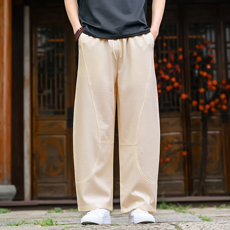 Buddha Stones Pantalon d'été minimaliste décontracté à cordon de serrage, coupe droite, avec poches, pour homme. - soie de maïs - US/UK/AU46, EU56 (5XL) - image 0