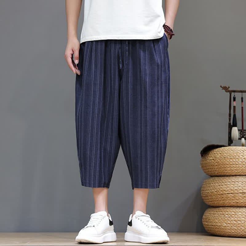 Buddha Stones Pantalon Capri rayé à cordon de serrage et poches pour homme, style sarouel, été décontracté. - image 22