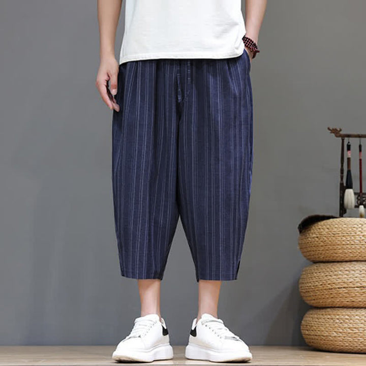 Buddha Stones Pantalon Capri rayé à cordon de serrage et poches pour homme, style sarouel, été décontracté. - image 22