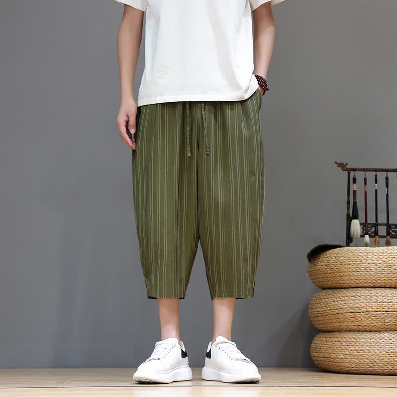 Buddha Stones Pantalon Capri rayé à cordon de serrage et poches pour homme, style sarouel, été décontracté. - Vert olive foncé - US/UK/AU46, EU56 (5XL) - image 26