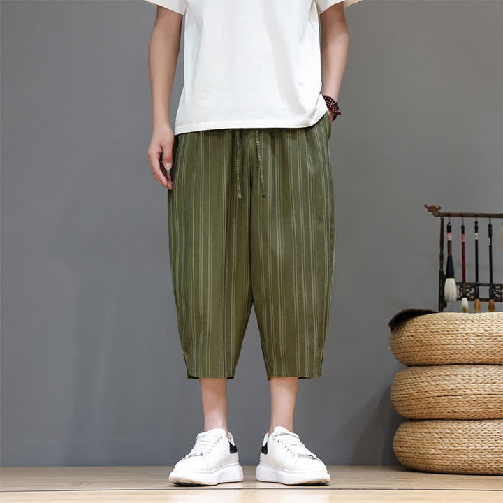 Buddha Stones Pantalon Capri rayé à cordon de serrage et poches pour homme, style sarouel, été décontracté. - Vert olive foncé - US/UK/AU46, EU56 (5XL) - image 26