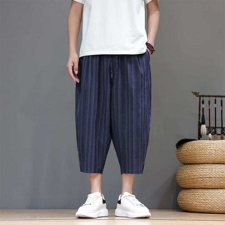 Buddha Stones Pantalon Capri rayé à cordon de serrage et poches pour homme, style sarouel, été décontracté. - Marine - US/UK/AU46, EU56 (5XL) - image 18