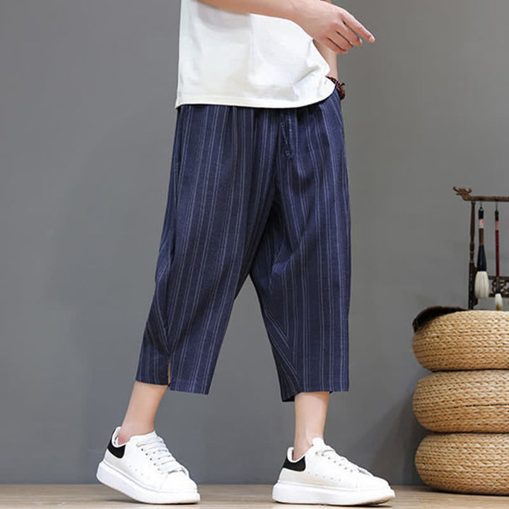 Buddha Stones Pantalon Capri rayé à cordon de serrage et poches pour homme, style sarouel, été décontracté. - image 19