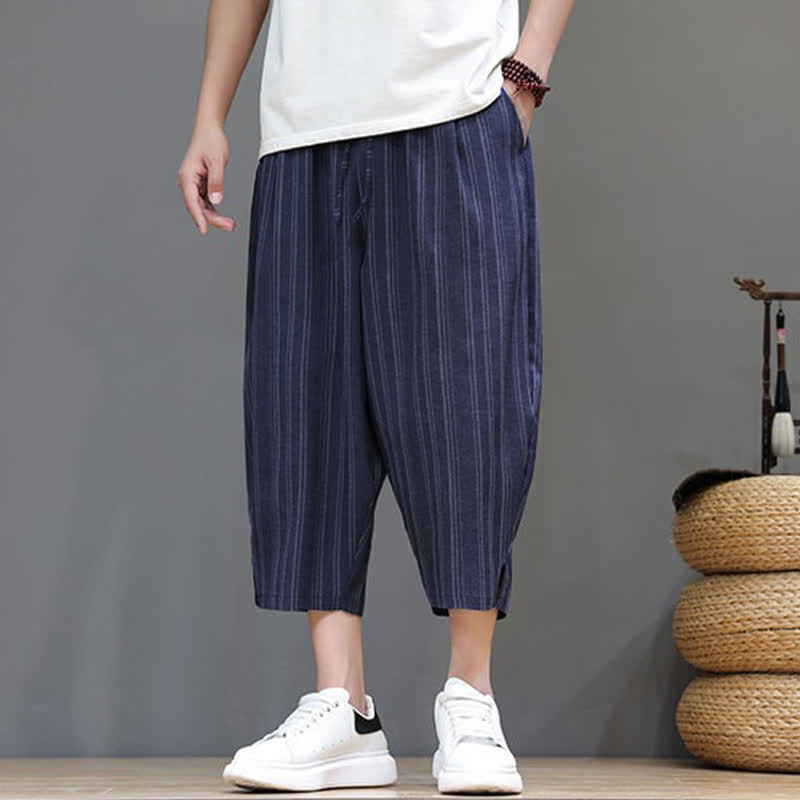 Buddha Stones Pantalon Capri rayé à cordon de serrage et poches pour homme, style sarouel, été décontracté. - image 20