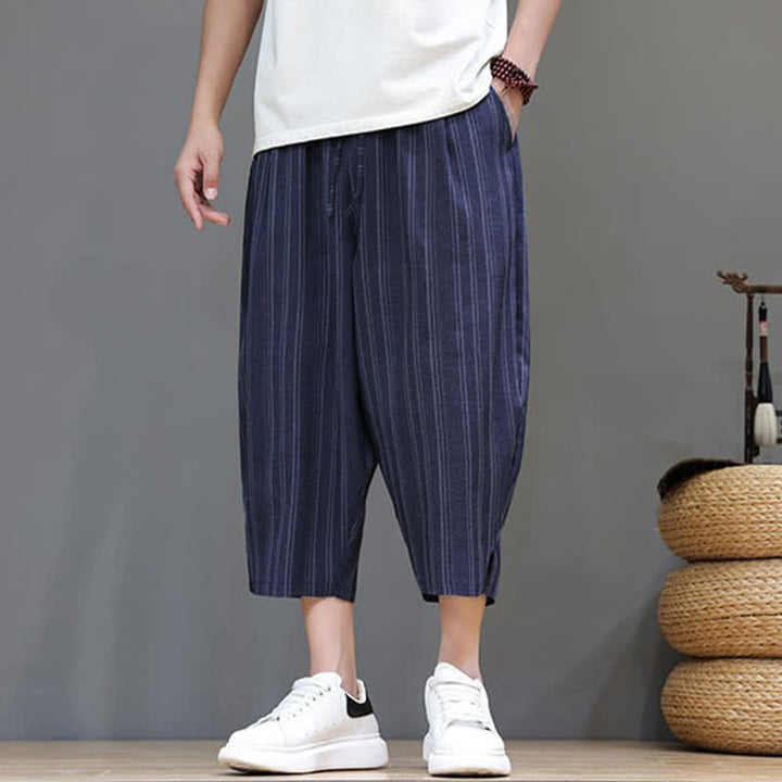 Buddha Stones Pantalon Capri rayé à cordon de serrage et poches pour homme, style sarouel, été décontracté. - image 20