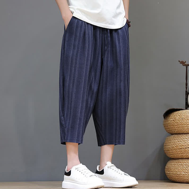 Buddha Stones Pantalon Capri rayé à cordon de serrage et poches pour homme, style sarouel, été décontracté. - image 23