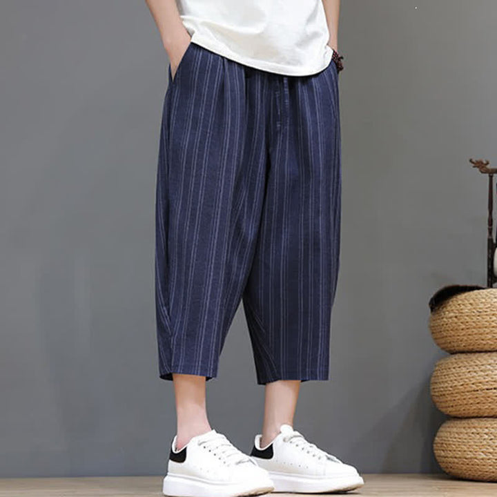 Buddha Stones Pantalon Capri rayé à cordon de serrage et poches pour homme, style sarouel, été décontracté. - image 23
