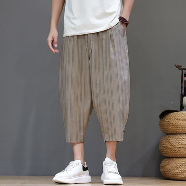 Buddha Stones Pantalon Capri rayé à cordon de serrage et poches pour homme, style sarouel, été décontracté. - image 5