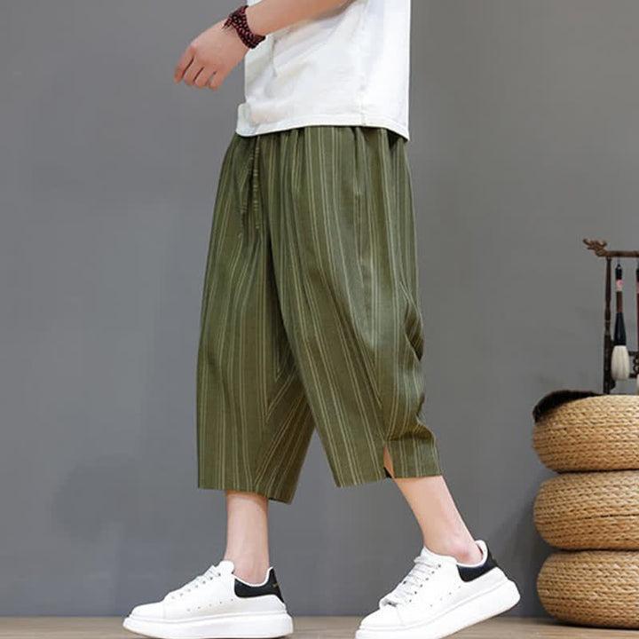 Buddha Stones Pantalon Capri rayé à cordon de serrage et poches pour homme, style sarouel, été décontracté. - image 27
