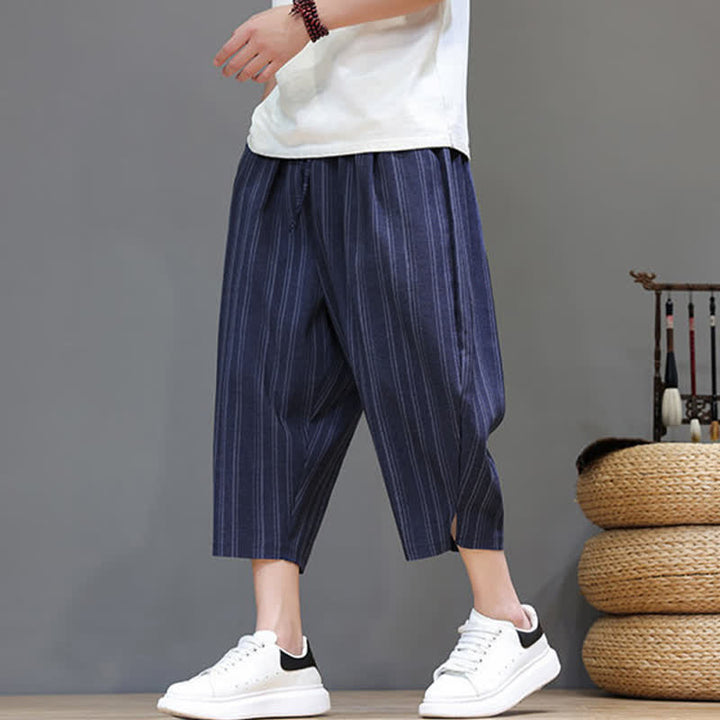 Buddha Stones Pantalon Capri rayé à cordon de serrage et poches pour homme, style sarouel, été décontracté. - image 24