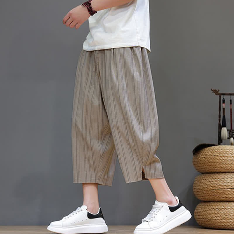 Buddha Stones Pantalon Capri rayé à cordon de serrage et poches pour homme, style sarouel, été décontracté. - image 2