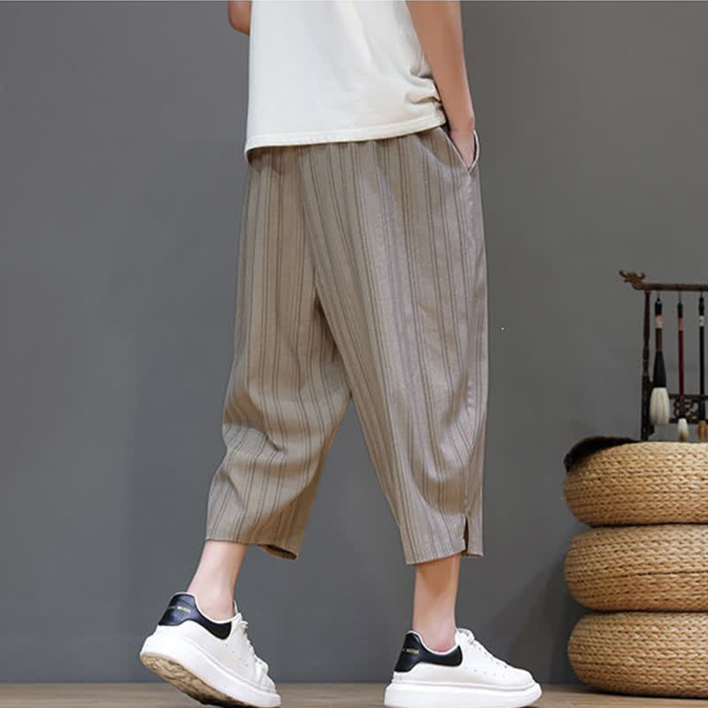 Buddha Stones Pantalon Capri rayé à cordon de serrage et poches pour homme, style sarouel, été décontracté. - image 3