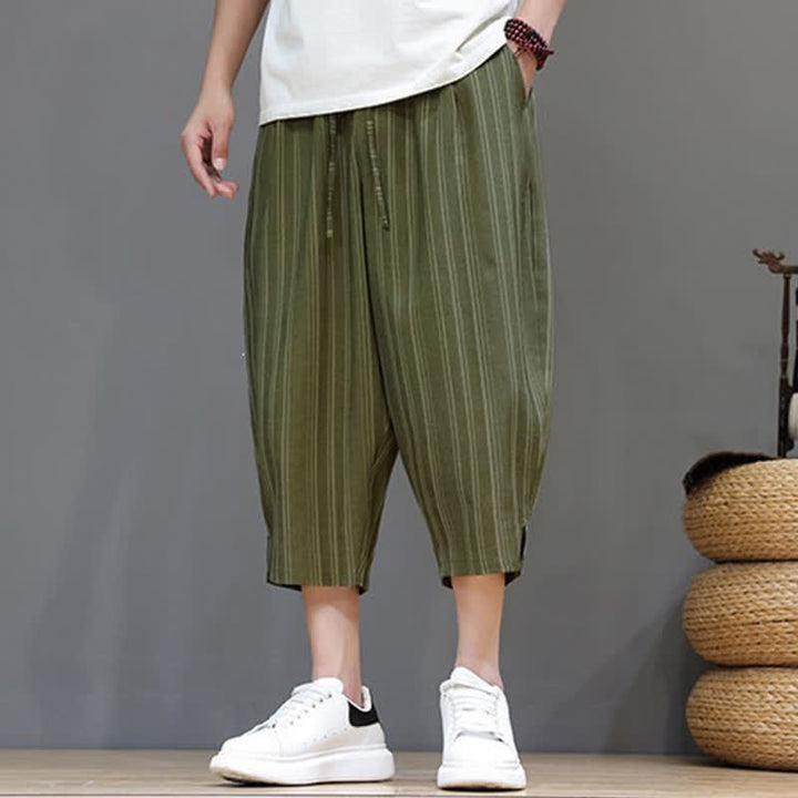 Buddha Stones Pantalon Capri rayé à cordon de serrage et poches pour homme, style sarouel, été décontracté. - image 31