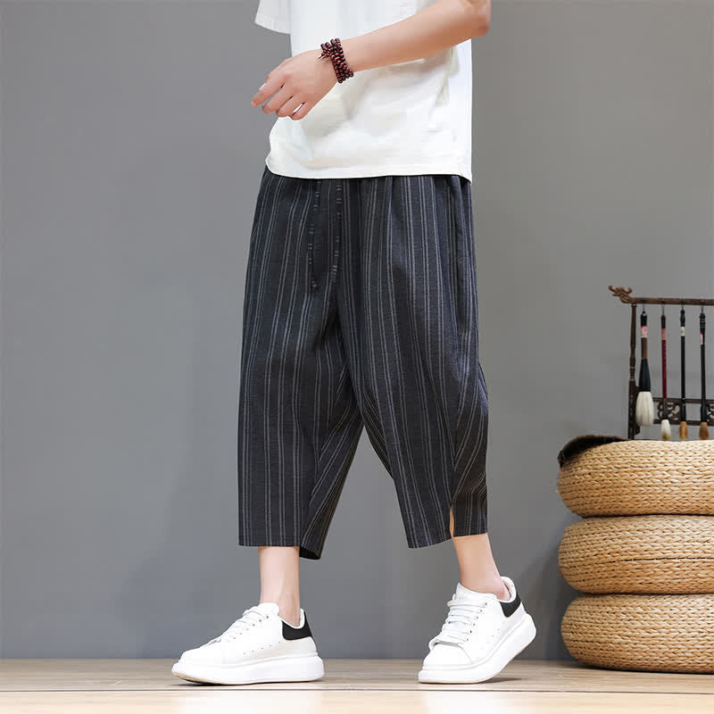 Buddha Stones Pantalon Capri rayé à cordon de serrage et poches pour homme, style sarouel, été décontracté. - Noir - US/UK/AU46, EU56 (5XL) - image 10