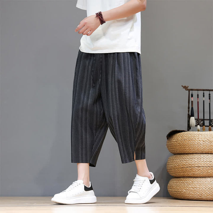 Buddha Stones Pantalon Capri rayé à cordon de serrage et poches pour homme, style sarouel, été décontracté. - Noir - US/UK/AU46, EU56 (5XL) - image 10