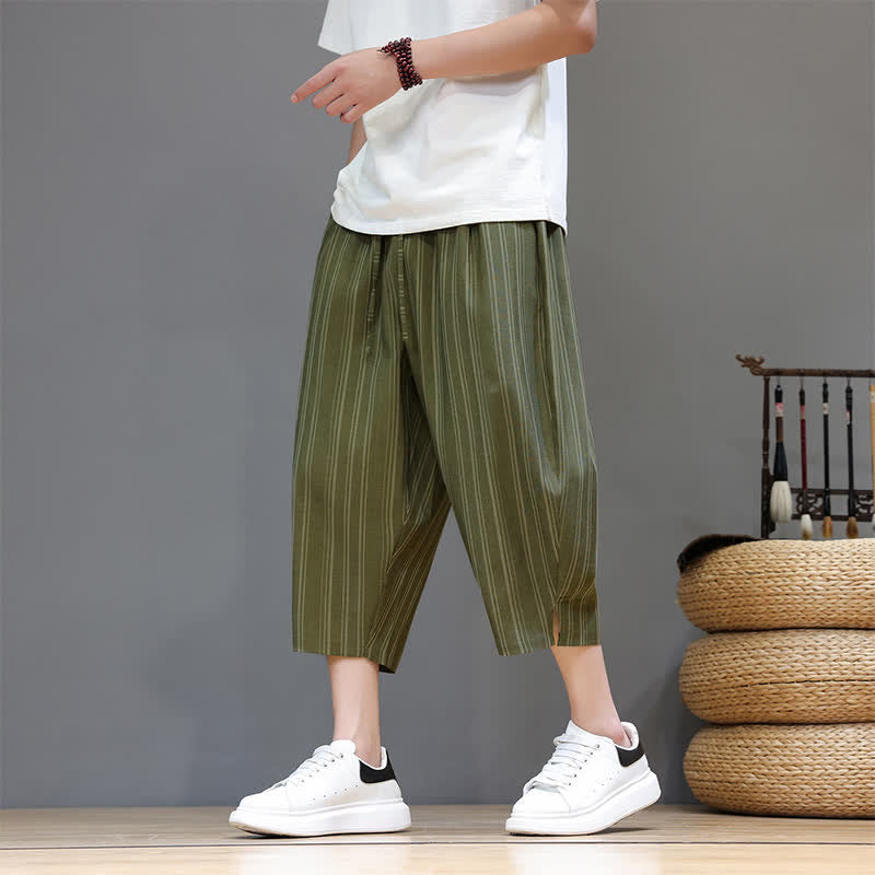 Buddha Stones Pantalon Capri rayé à cordon de serrage et poches pour homme, style sarouel, été décontracté. - image 34