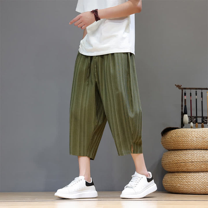 Buddha Stones Pantalon Capri rayé à cordon de serrage et poches pour homme, style sarouel, été décontracté. - image 34