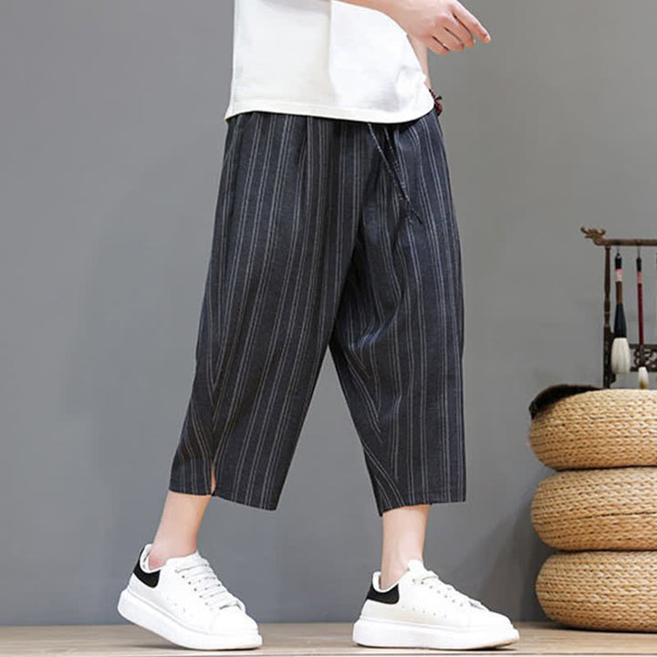 Buddha Stones Pantalon Capri rayé à cordon de serrage et poches pour homme, style sarouel, été décontracté. - image 14