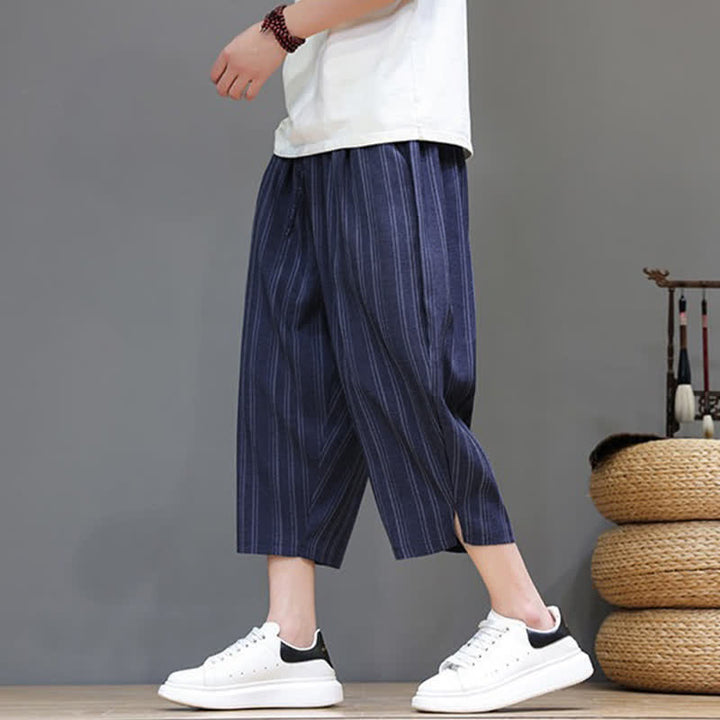 Buddha Stones Pantalon Capri rayé à cordon de serrage et poches pour homme, style sarouel, été décontracté. - image 21