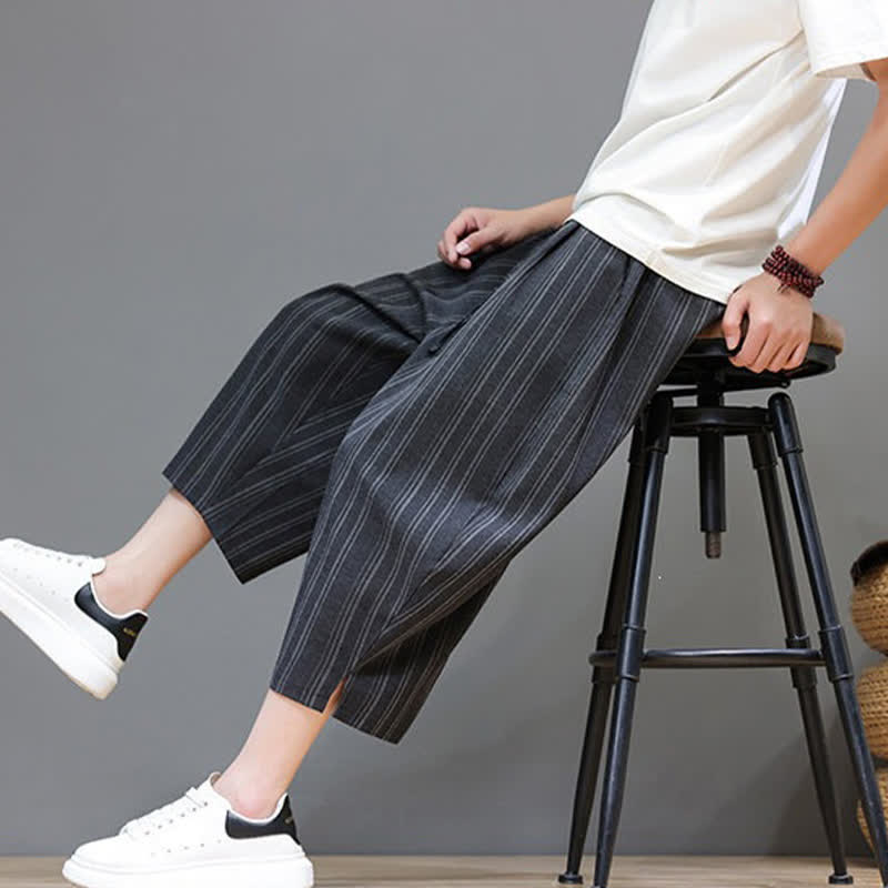 Buddha Stones Pantalon Capri rayé à cordon de serrage et poches pour homme, style sarouel, été décontracté. - image 17