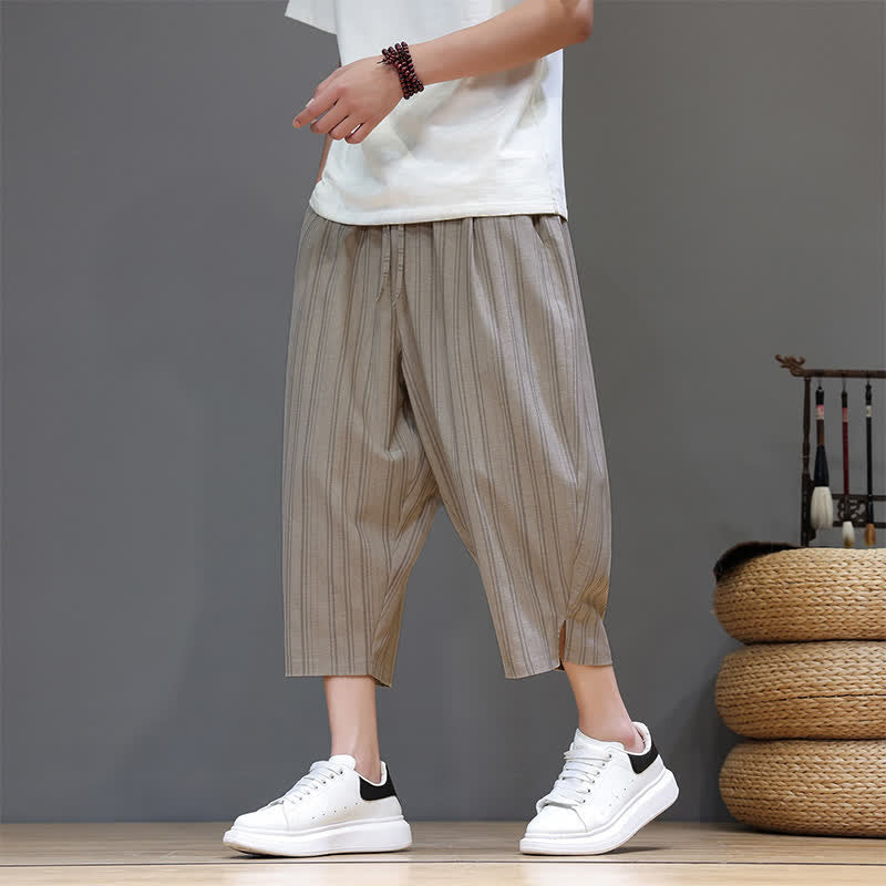 Buddha Stones Pantalon Capri rayé à cordon de serrage et poches pour homme, style sarouel, été décontracté. - Tanné - US/UK/AU46, EU56 (5XL) - image 0