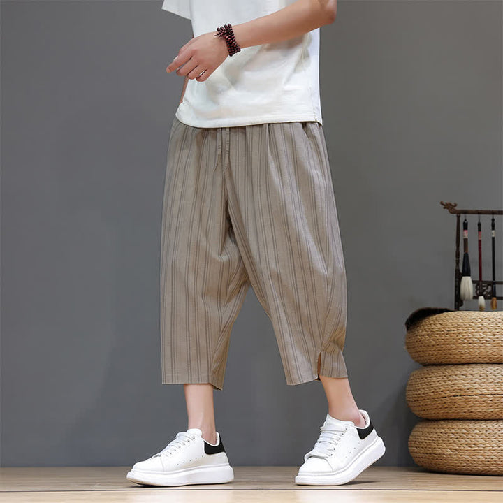 Buddha Stones Pantalon Capri rayé à cordon de serrage et poches pour homme, style sarouel, été décontracté. - Tanné - US/UK/AU46, EU56 (5XL) - image 0