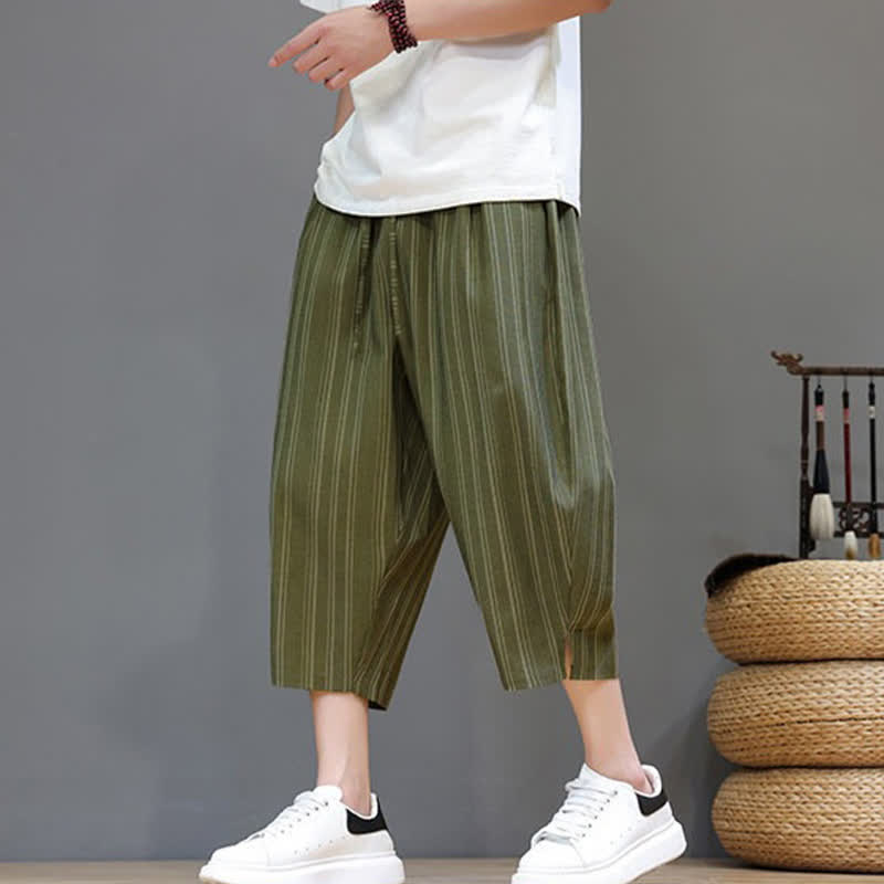 Buddha Stones Pantalon Capri rayé à cordon de serrage et poches pour homme, style sarouel, été décontracté. - image 33