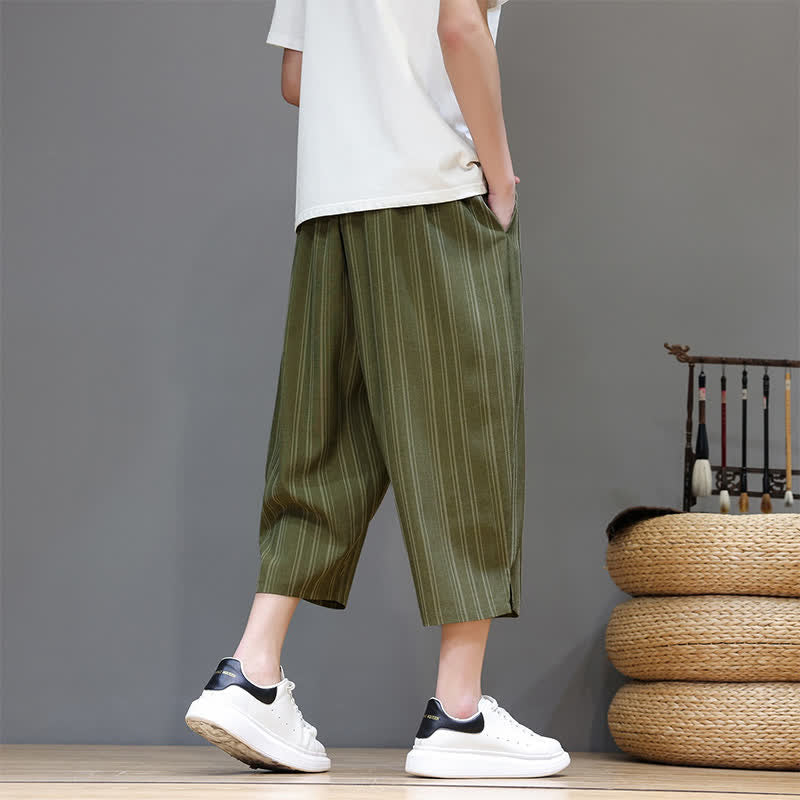 Buddha Stones Pantalon Capri rayé à cordon de serrage et poches pour homme, style sarouel, été décontracté. - image 29