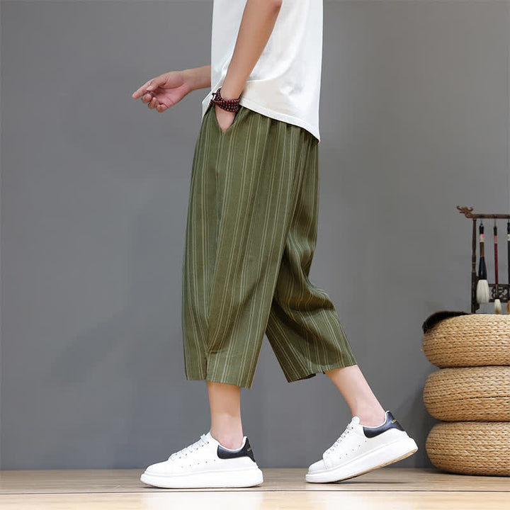 Buddha Stones Pantalon Capri rayé à cordon de serrage et poches pour homme, style sarouel, été décontracté. - image 30