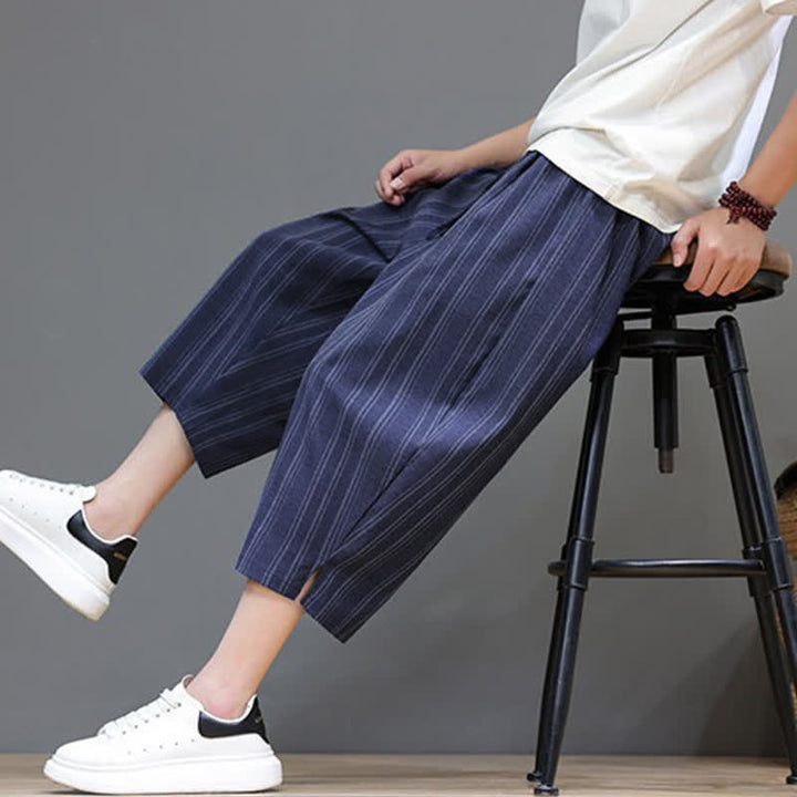 Buddha Stones Pantalon Capri rayé à cordon de serrage et poches pour homme, style sarouel, été décontracté. - image 25