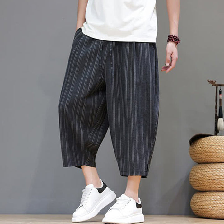 Buddha Stones Pantalon Capri rayé à cordon de serrage et poches pour homme, style sarouel, été décontracté. - image 16