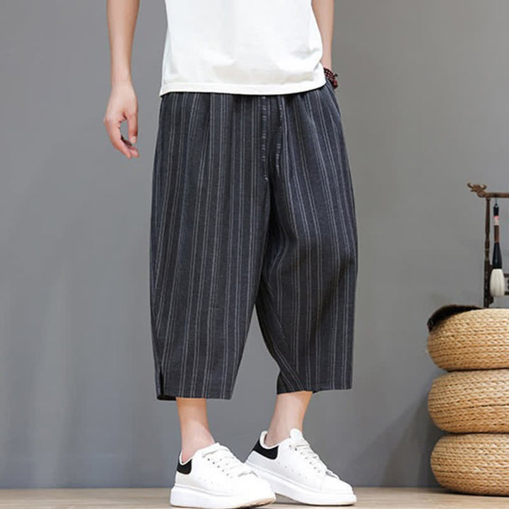Buddha Stones Pantalon Capri rayé à cordon de serrage et poches pour homme, style sarouel, été décontracté. - image 15