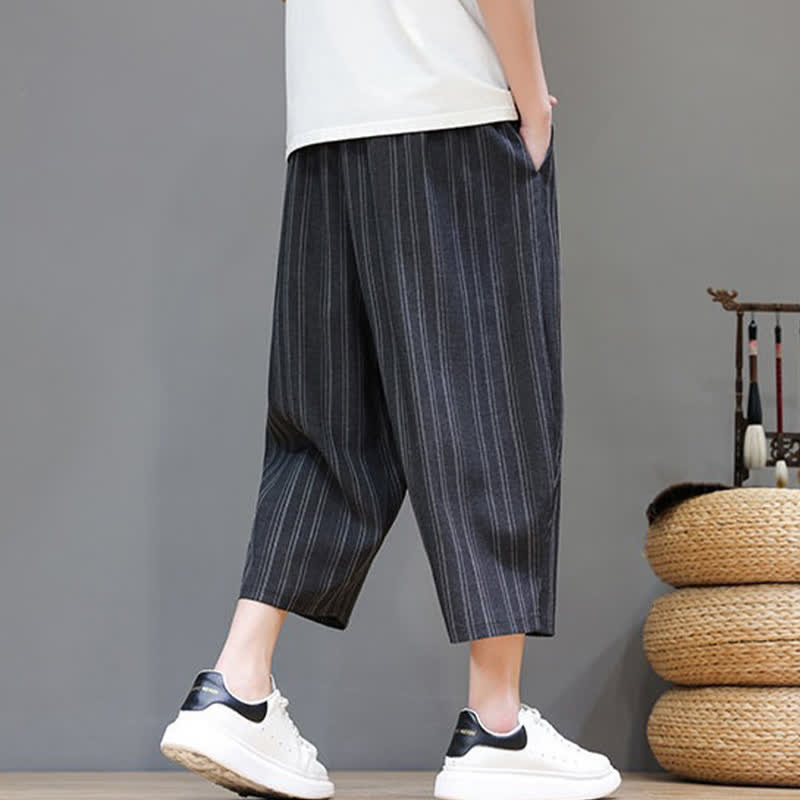 Buddha Stones Pantalon Capri rayé à cordon de serrage et poches pour homme, style sarouel, été décontracté. - image 13