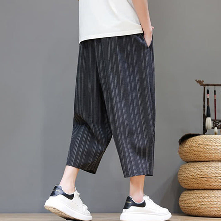 Buddha Stones Pantalon Capri rayé à cordon de serrage et poches pour homme, style sarouel, été décontracté. - image 13