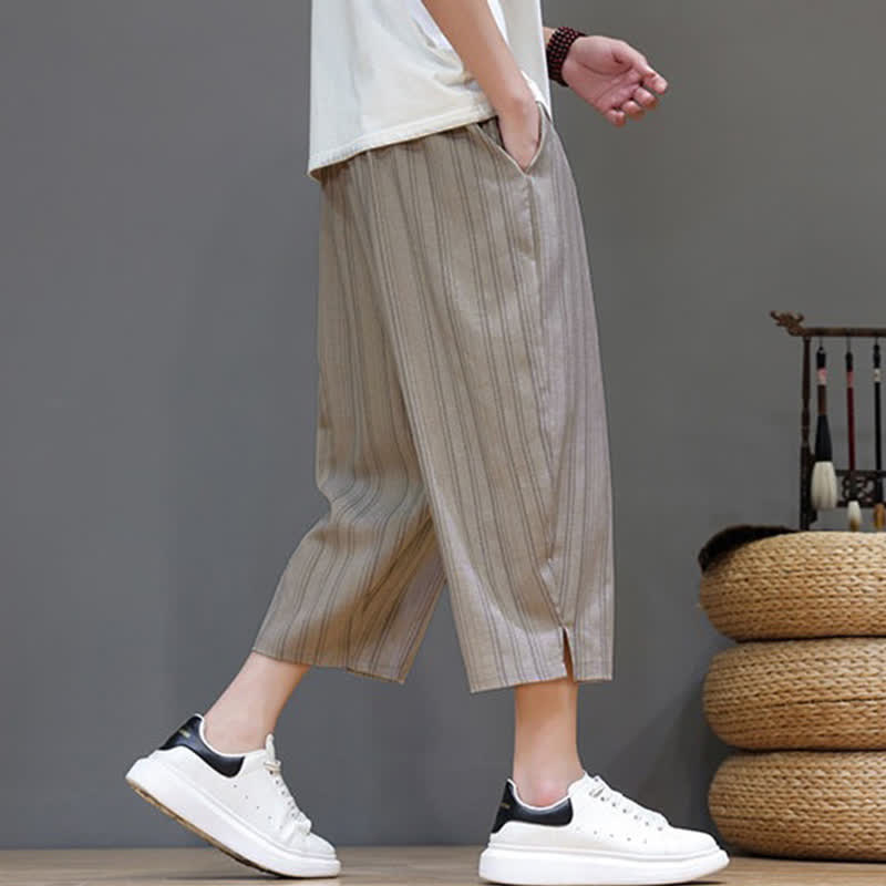 Buddha Stones Pantalon Capri rayé à cordon de serrage et poches pour homme, style sarouel, été décontracté. - image 4