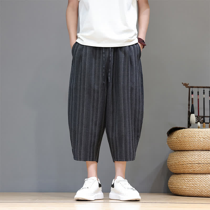 Buddha Stones Pantalon Capri rayé à cordon de serrage et poches pour homme, style sarouel, été décontracté. - image 11