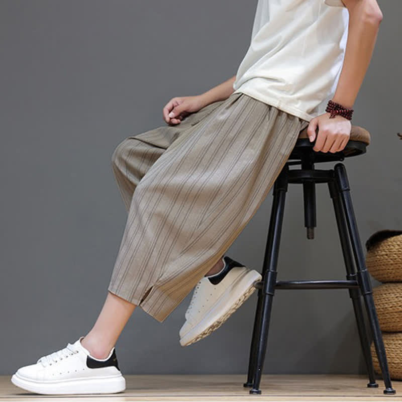 Buddha Stones Pantalon Capri rayé à cordon de serrage et poches pour homme, style sarouel, été décontracté. - image 6