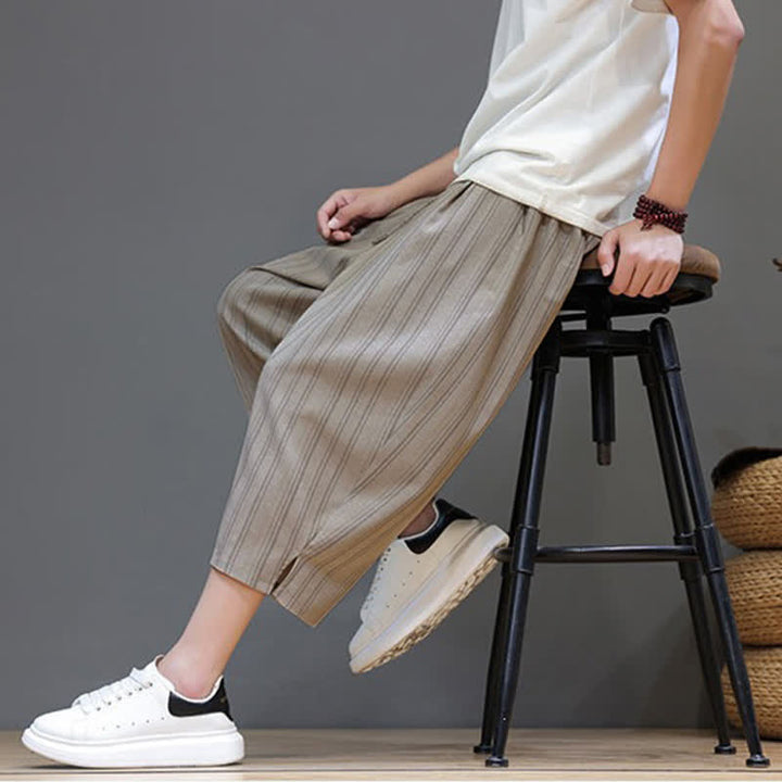 Buddha Stones Pantalon Capri rayé à cordon de serrage et poches pour homme, style sarouel, été décontracté. - image 6