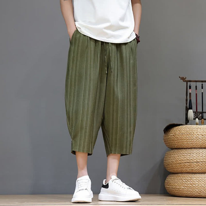 Buddha Stones Pantalon Capri rayé à cordon de serrage et poches pour homme, style sarouel, été décontracté. - image 32