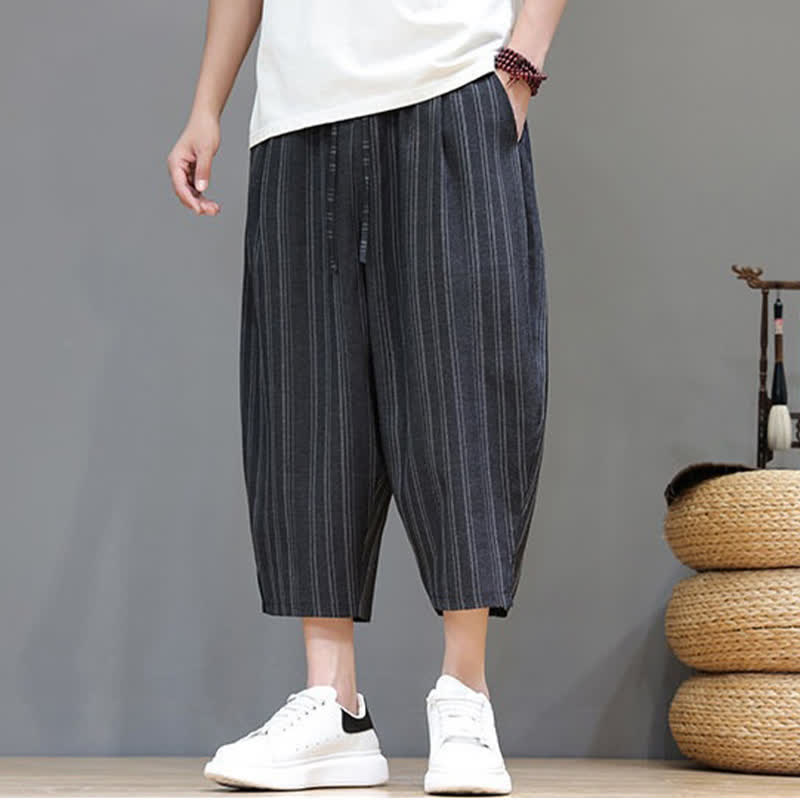 Buddha Stones Pantalon Capri rayé à cordon de serrage et poches pour homme, style sarouel, été décontracté. - image 12