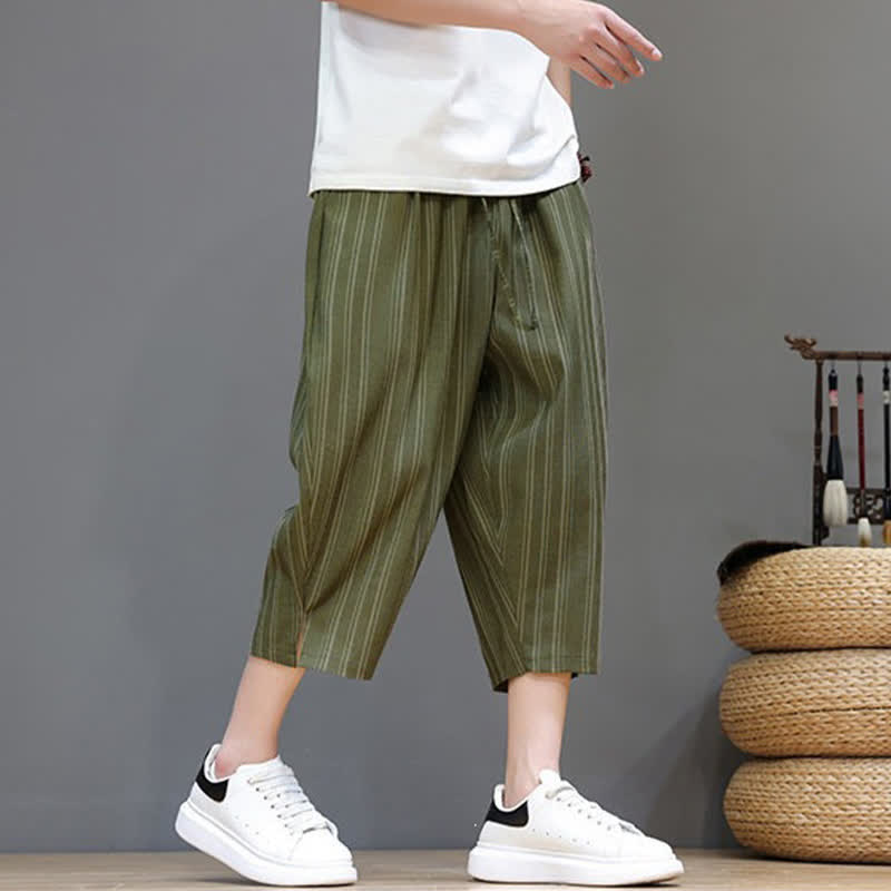 Buddha Stones Pantalon Capri rayé à cordon de serrage et poches pour homme, style sarouel, été décontracté. - image 28