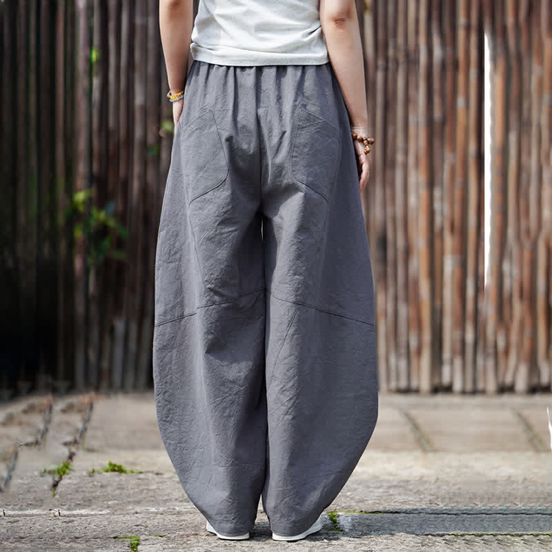 Buddha Stones Pantalon sarouel d'été décontracté en coton uni à cordon de serrage et poches - image 4