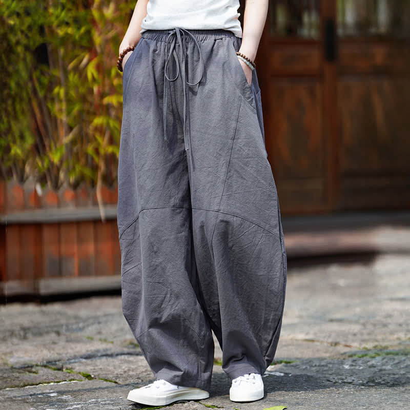 Buddha Stones Pantalon sarouel d'été décontracté en coton uni à cordon de serrage et poches - image 1
