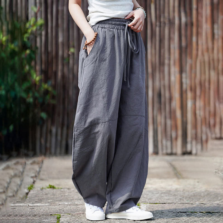 Buddha Stones Pantalon sarouel d'été décontracté en coton uni à cordon de serrage et poches - image 9
